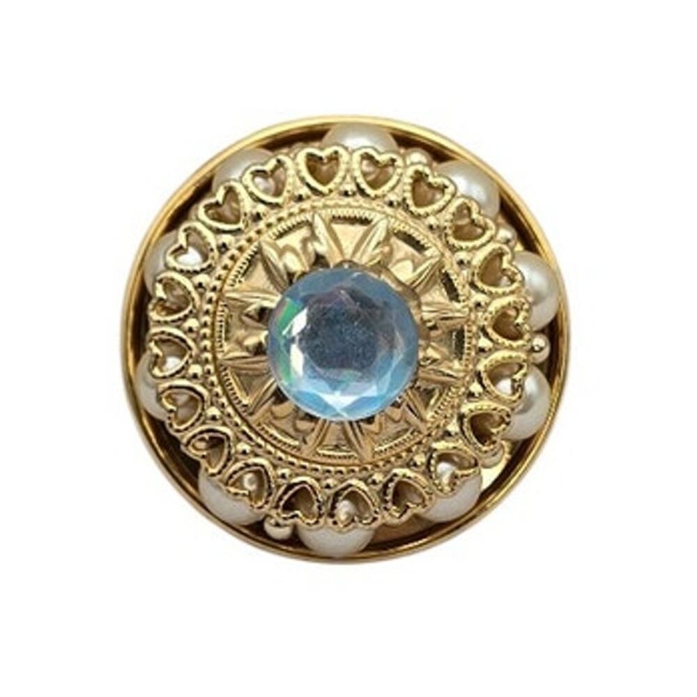 Blue Glass & Faux Pearl Heart Brooch Gold Filigree - Vintage Romantic Victorian